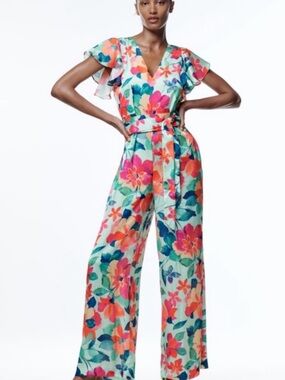 Zara Multicolor Floral Jumpsuit - Aqua, Coral & Pink